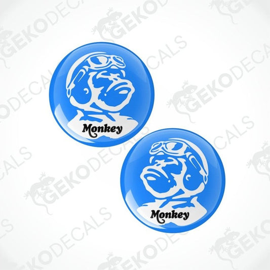 Two blue monkey-themed decals with 'Monkey' text on a white background.