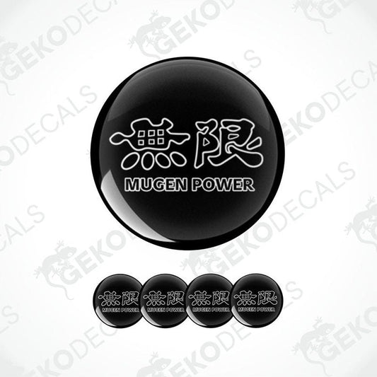 A set of black vinyl decals with the text 'MUGEN POWER' and a related graphic design.