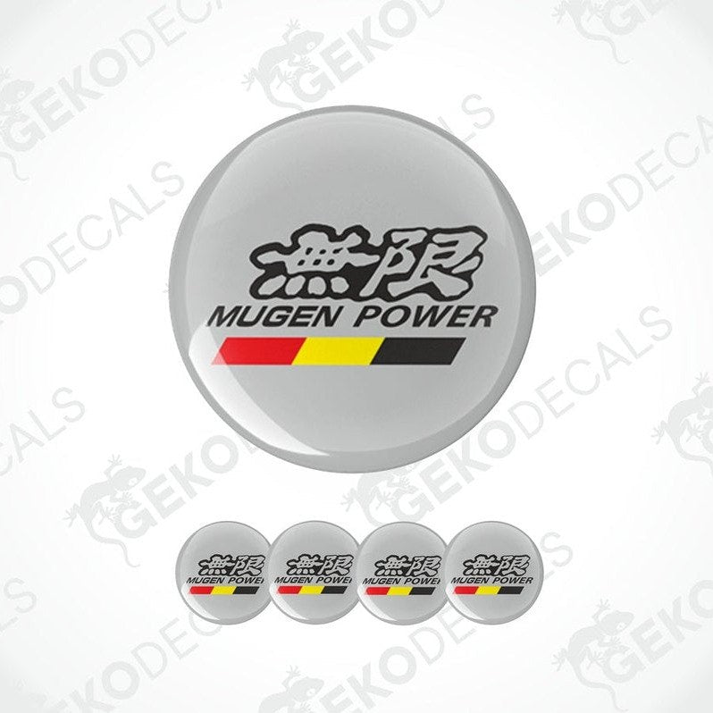 A set of vinyl decals with 'MUGEN POWER' text and a graphic design, presented in a circular layout indicating the design for wheel caps.