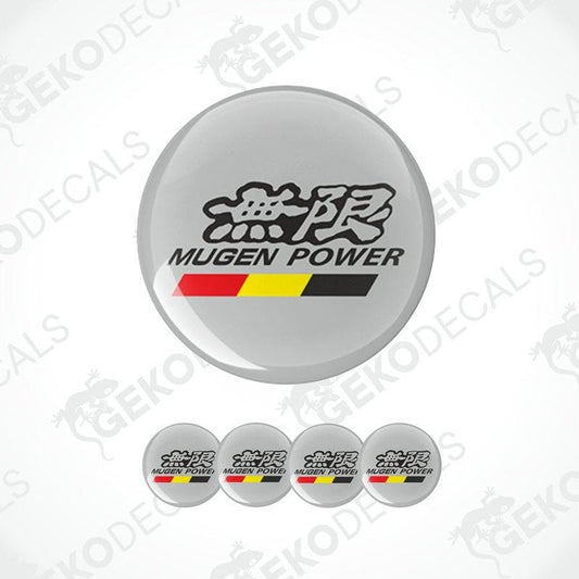 A set of vinyl decals with 'MUGEN POWER' text and a graphic design, presented in a circular layout indicating the design for wheel caps.