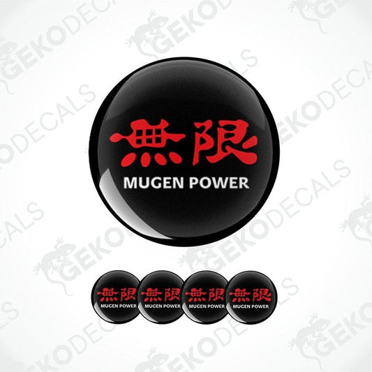 A set of four black vinyl stickers with red text 'HONDA MUGEN POWER' and a logo depicting a stylized Honda logo in red on a black background.