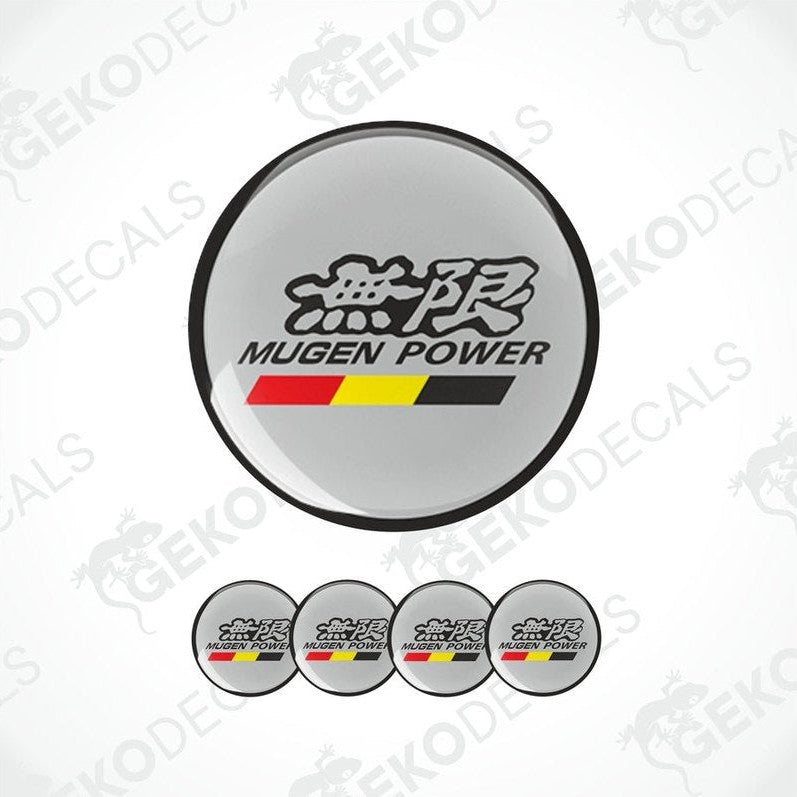 A set of vinyl decals with 'Mugen Power' branding, predominantly black with red and yellow accents, displayed on a white background.