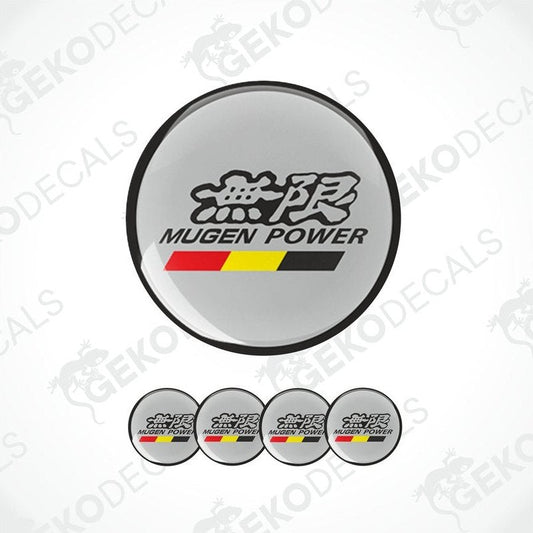 A set of vinyl decals with 'Mugen Power' branding, predominantly black with red and yellow accents, displayed on a white background.