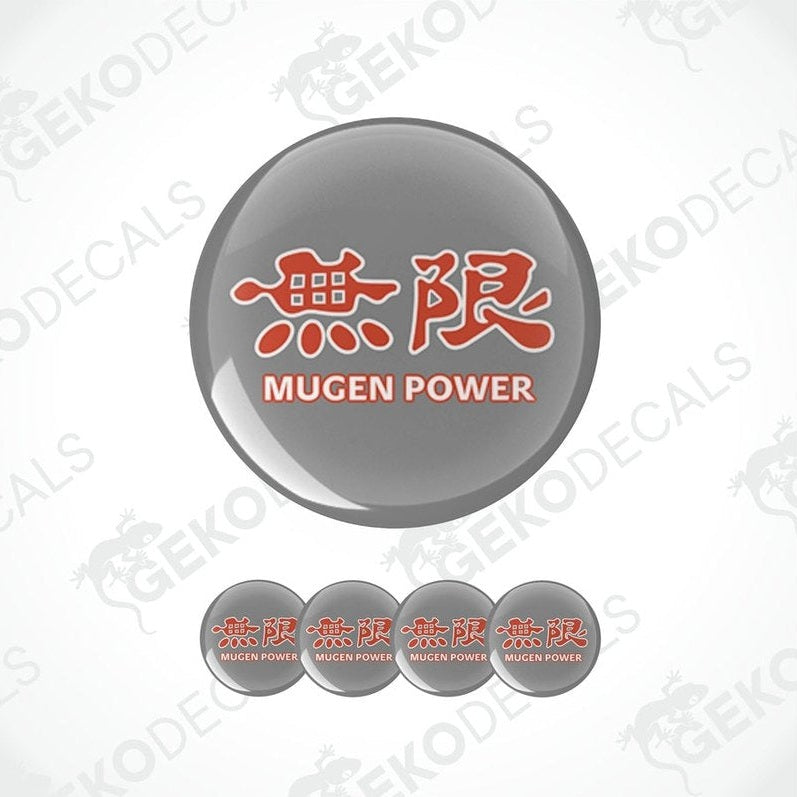 A set of four gray vinyl stickers with red and white text 'HONDA MUGEN POWER' and a GeckoDecals logo.