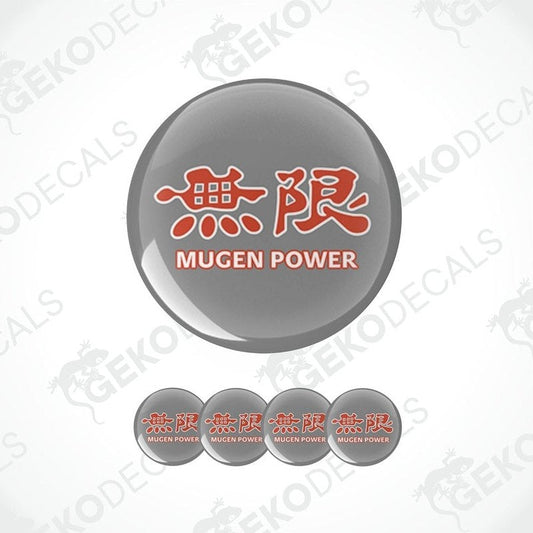 A set of four gray vinyl stickers with red and white text 'HONDA MUGEN POWER' and a GeckoDecals logo.