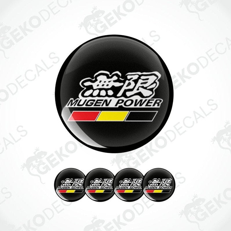 A set of black vinyl decals with 'MUGEN POWER' text and a graphic design, displayed on a white background.