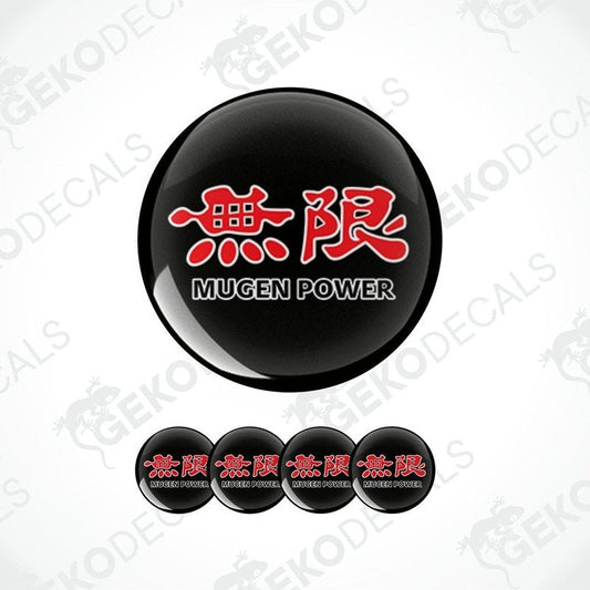 A set of black vinyl decals with 'MUGEN POWER' text in red, including four different sizes shown against a white background.