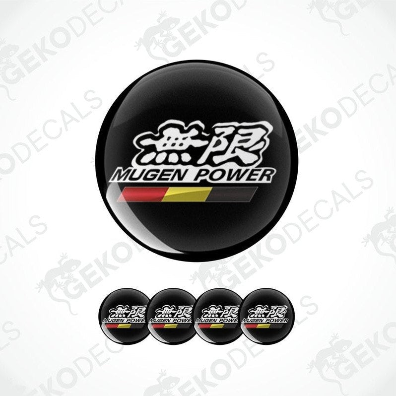 A set of four black vinyl stickers with the text 'MUGEN POWER' and a Honda-related logo in white and red.