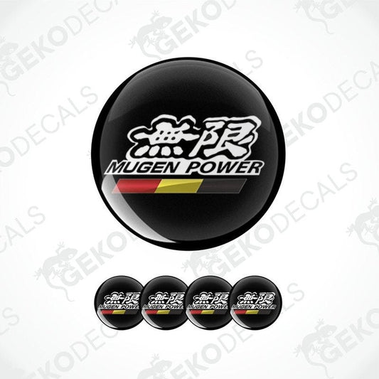 A set of four black vinyl stickers with the text 'MUGEN POWER' and a Honda-related logo in white and red.