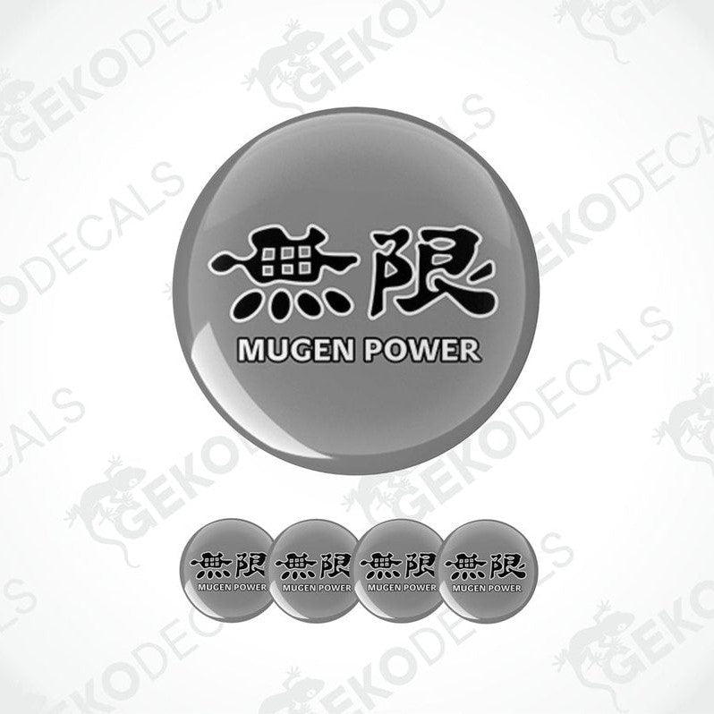 A set of vinyl decals with 'MUGEN POWER' text and Japanese characters on a grey background, typically used for car customization.