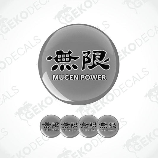 A set of vinyl decals with 'MUGEN POWER' text and Japanese characters on a grey background, typically used for car customization.