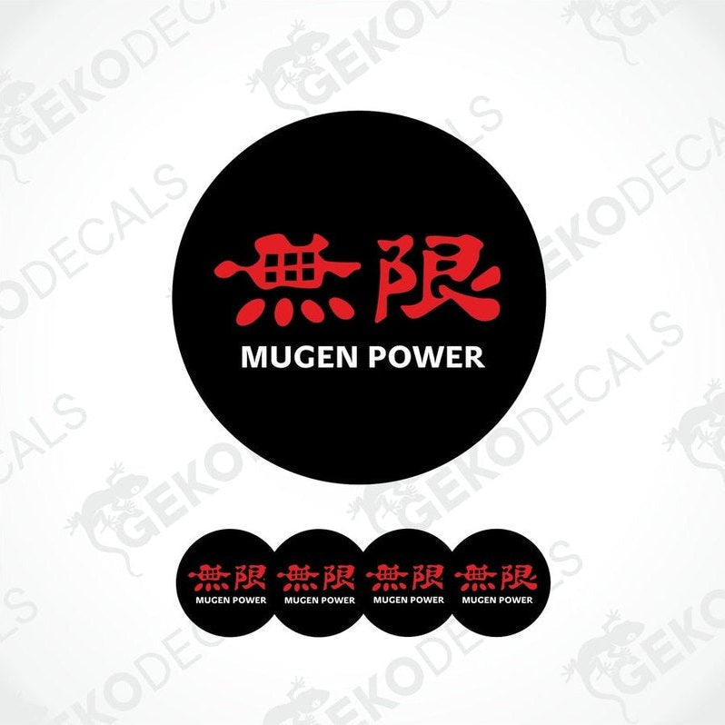 A set of four black vinyl stickers with red text 'HONDA MUGEN POWER' and a logo depicting a stylized Honda logo in red on a black background.