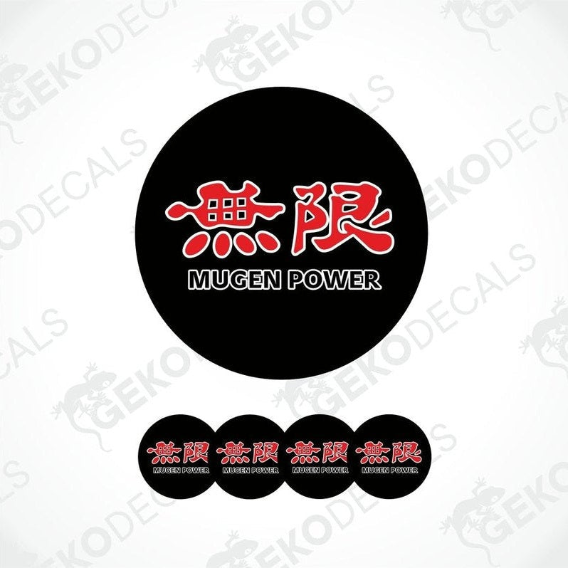 A set of black vinyl decals with 'MUGEN POWER' text in red, including four different sizes shown against a white background.