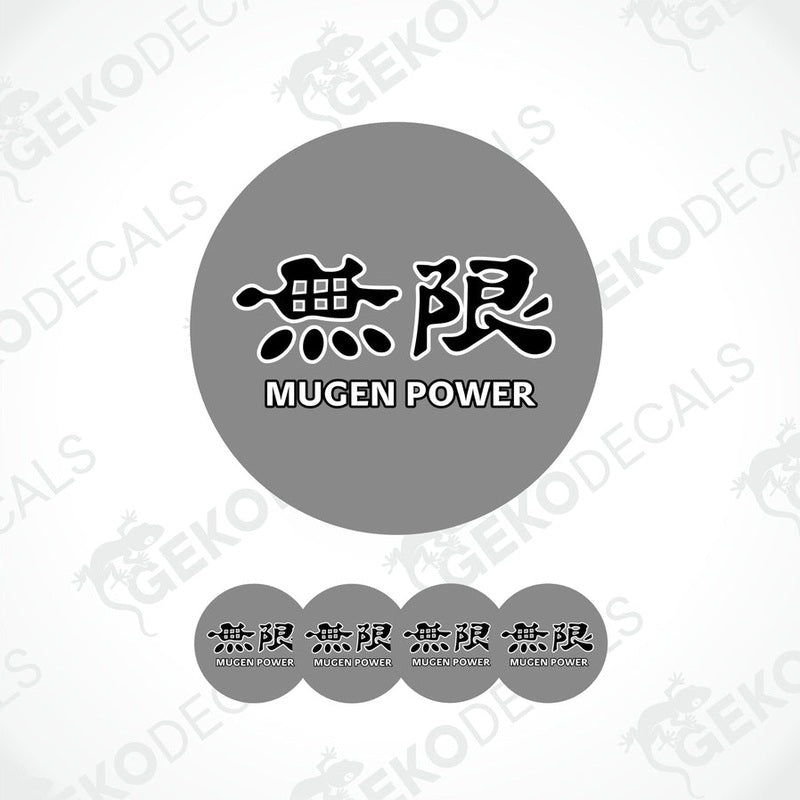 A set of vinyl decals with 'MUGEN POWER' text and Japanese characters on a grey background, typically used for car customization.