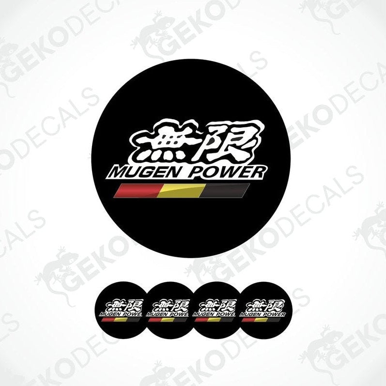A set of four black vinyl stickers with the text 'MUGEN POWER' and a Honda-related logo in white and red.