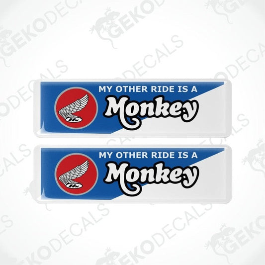 Two 'My Other Ride is a Monkey' decals with a red circle and wing logo on a white background.