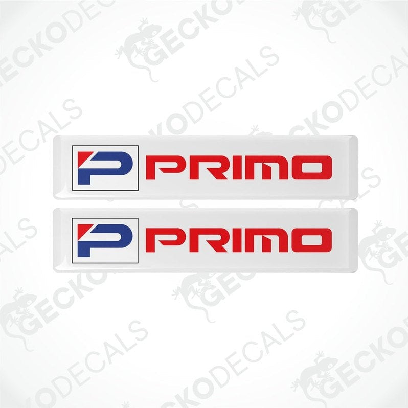 Two white vinyl decals with the word 'PRIMO' written in red and blue letters, and the HONDA logo above the text.