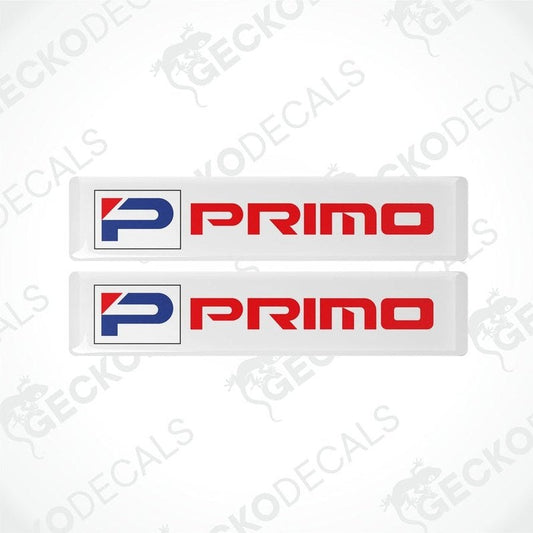Two white vinyl decals with the word 'PRIMO' written in red and blue letters, and the HONDA logo above the text.