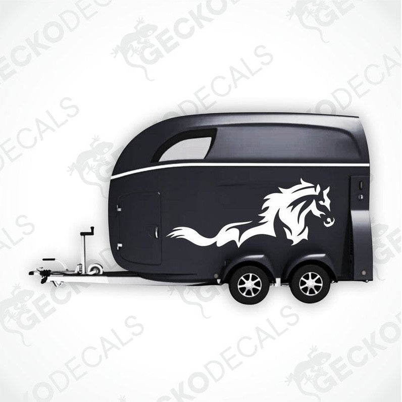 White galloping horse decal on black trailer side