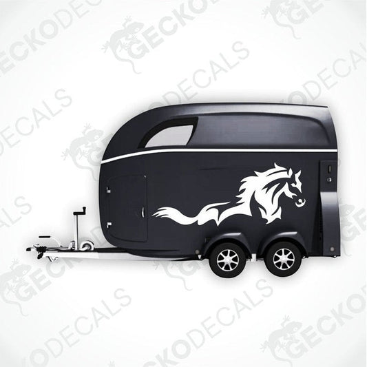 White galloping horse decal on black trailer side