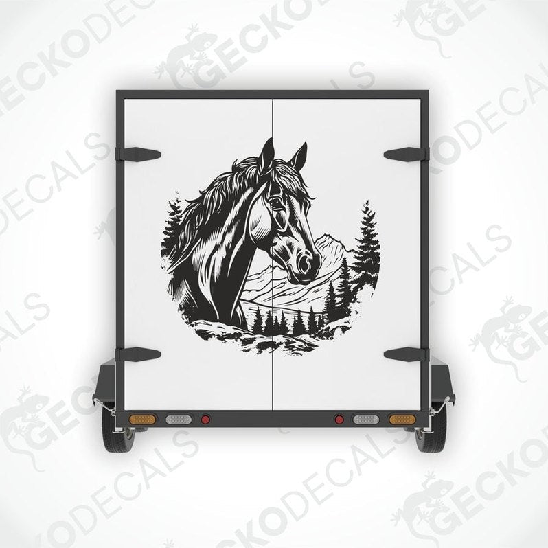 A die cut decal featuring a black and white horse design with a mountain and forest backdrop.