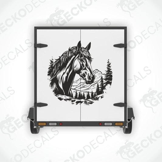 A die cut decal featuring a black and white horse design with a mountain and forest backdrop.