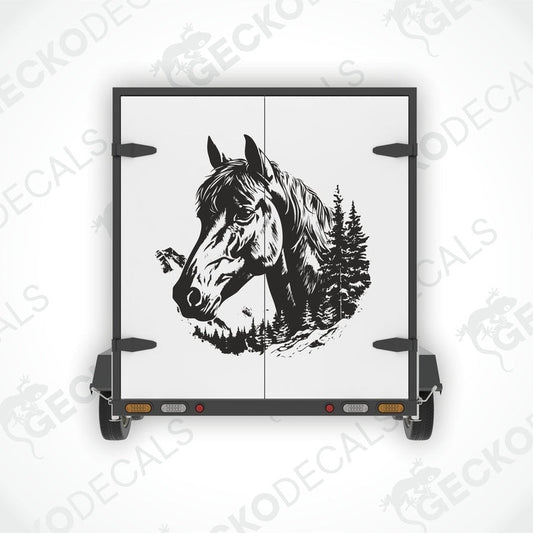 A die cut decal of a horse's head with a forest background, intended for use on a vehicle's exterior.