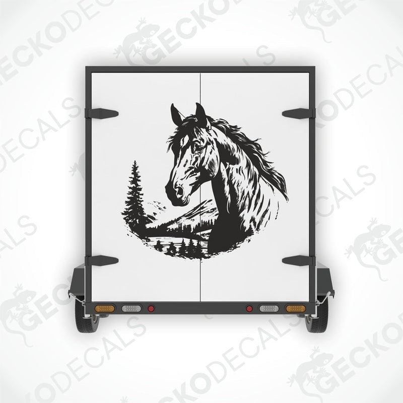 A die cut decal of a horse on a white background with a black outline, displayed on a vehicle.