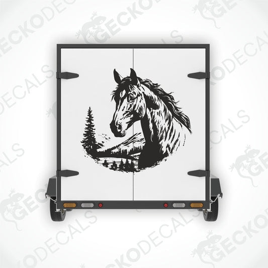 A die cut decal of a horse on a white background with a black outline, displayed on a vehicle.