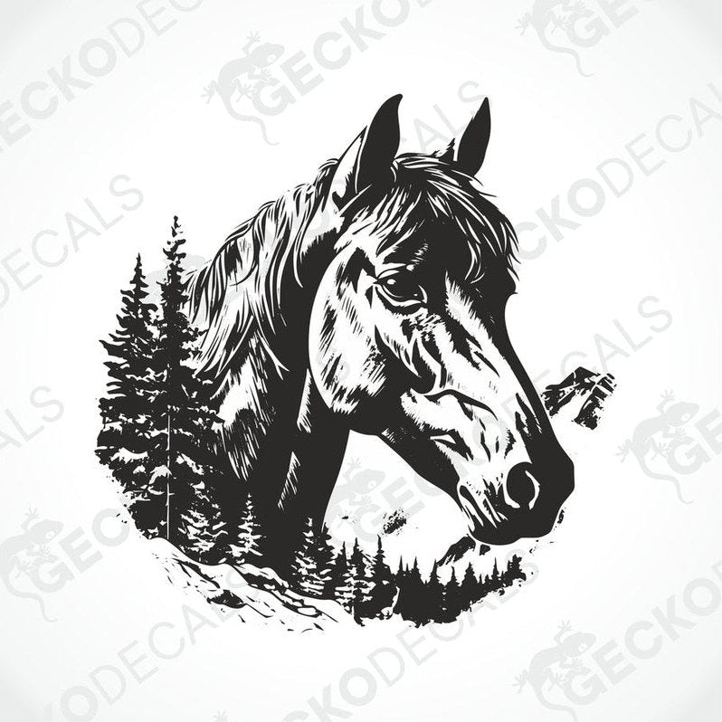 A black and white decal of a horse with a forest and snowy background.
