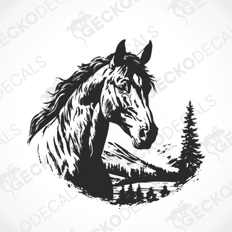 A die cut decal of a horse on a white background with a black outline, displayed on a vehicle.