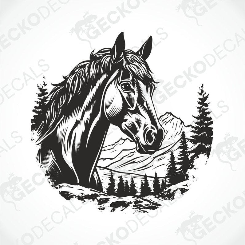 A die cut decal featuring a black and white horse design with a mountain and forest backdrop.