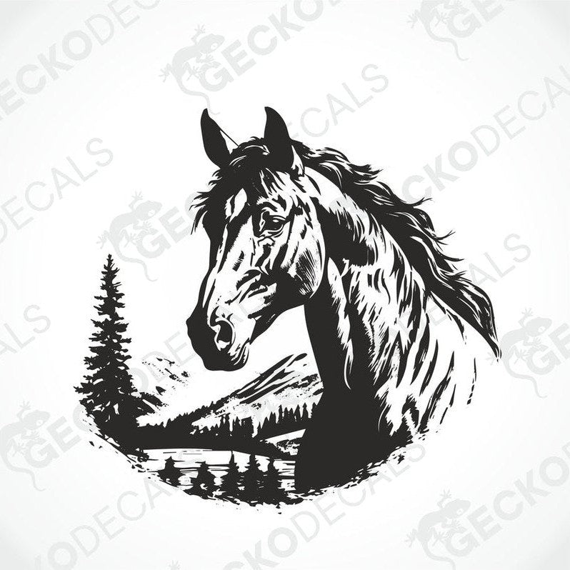 A die cut decal of a horse on a white background with a black outline, displayed on a vehicle.