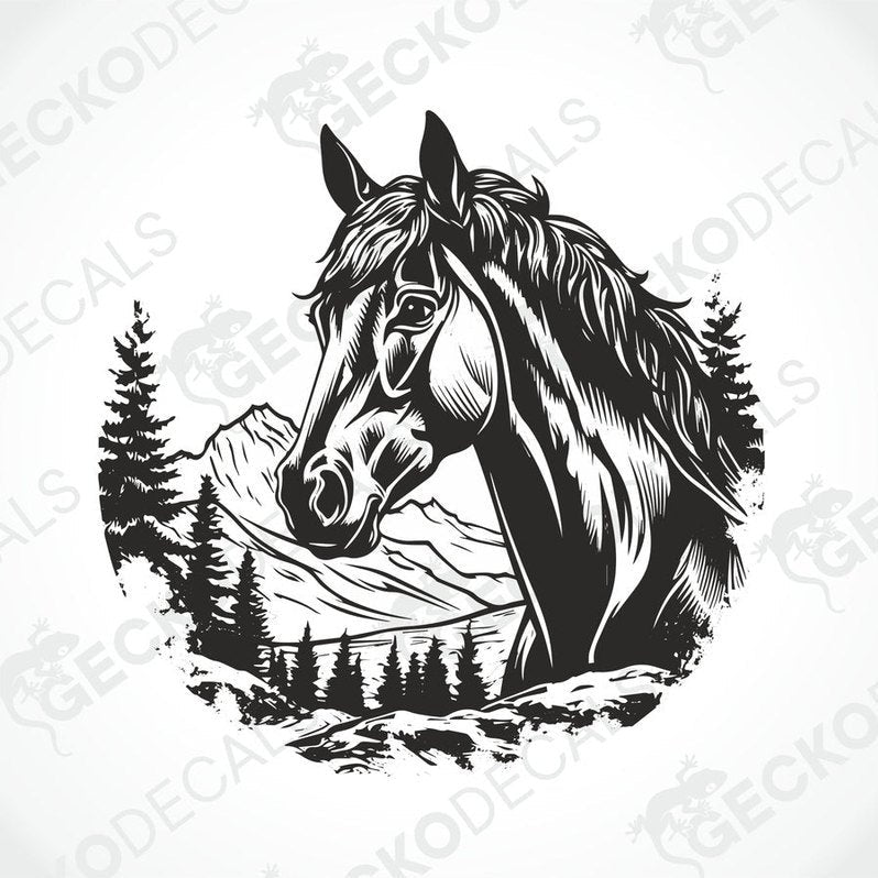 A die cut decal featuring a black and white horse design with a mountain and forest backdrop.