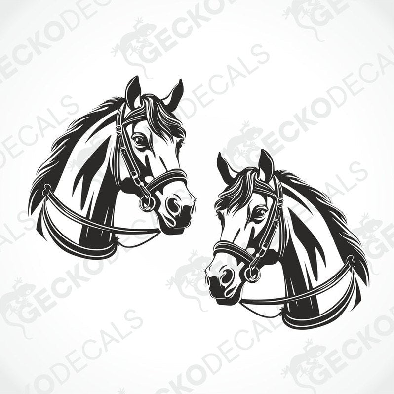 Two black and white decals of horses with bridles, one for the right side and one for the left, on a white background with the text 'gecko decals'.