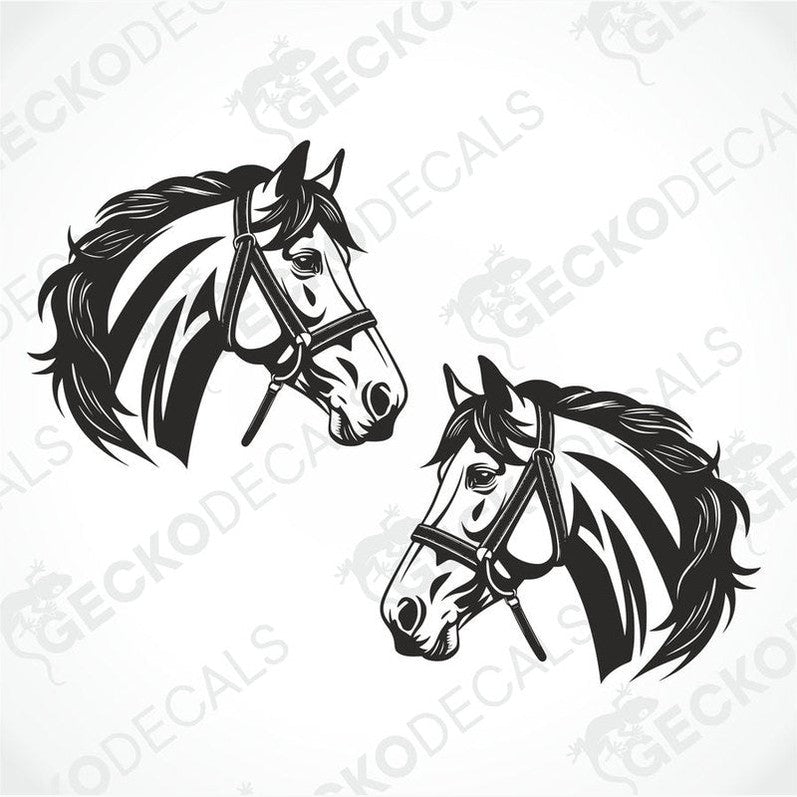 Two black and white decals of horses with transfer paper Gecko Decals branding on them.