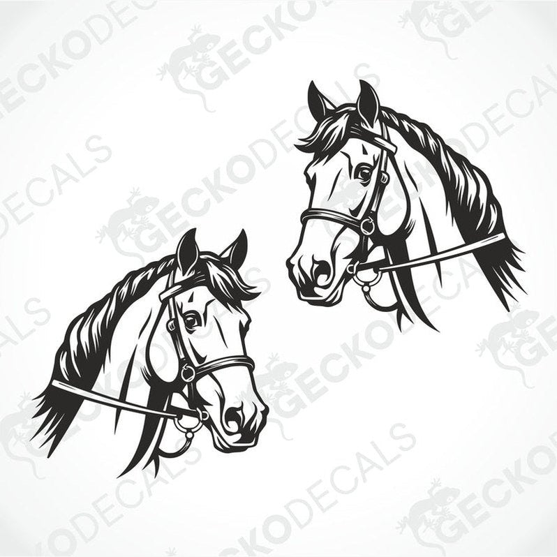 Two black and white decals of horses with transfer paper Gecko Decals branding on them.
