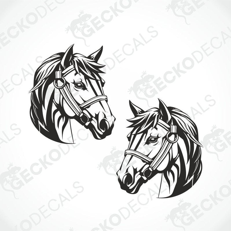 Two black and white decals of horses with transfer paper Gecko Decals branding on them.