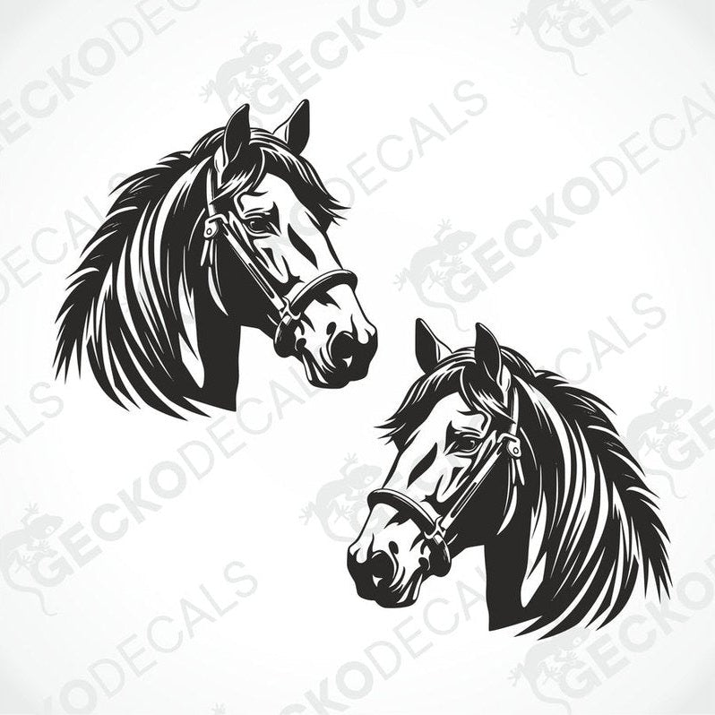 Two black and white images of a horse's head on a white background, with the text 'geckodecals.com' visible.