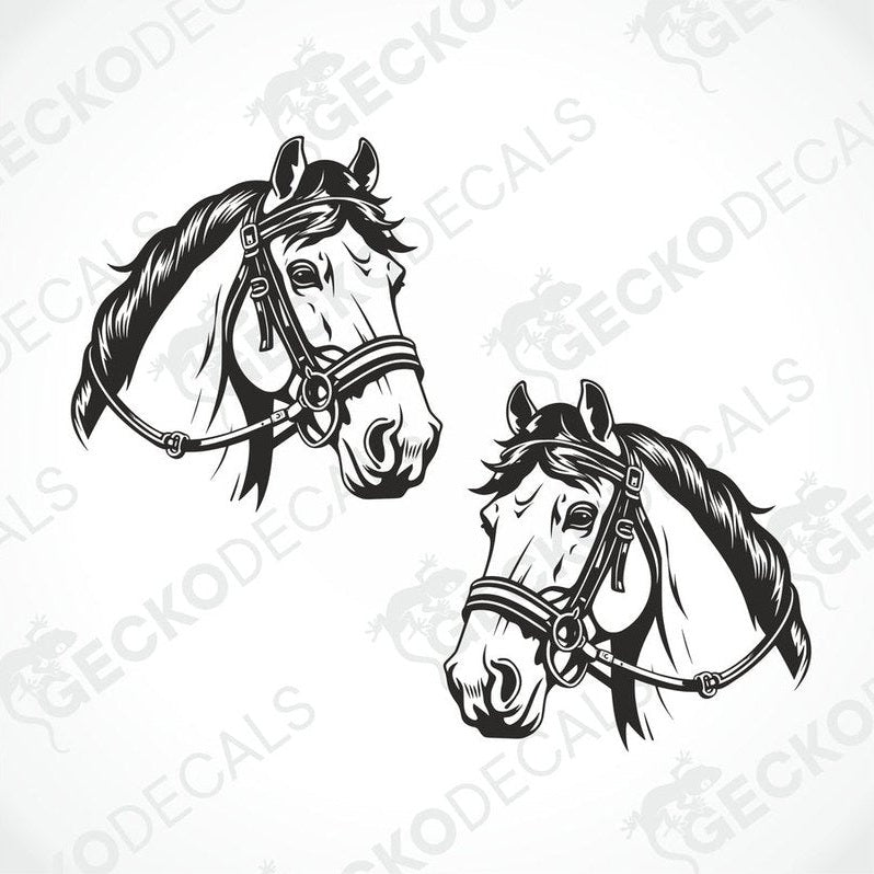 Two black and white decals of horses with Gecko Decals branding on them.