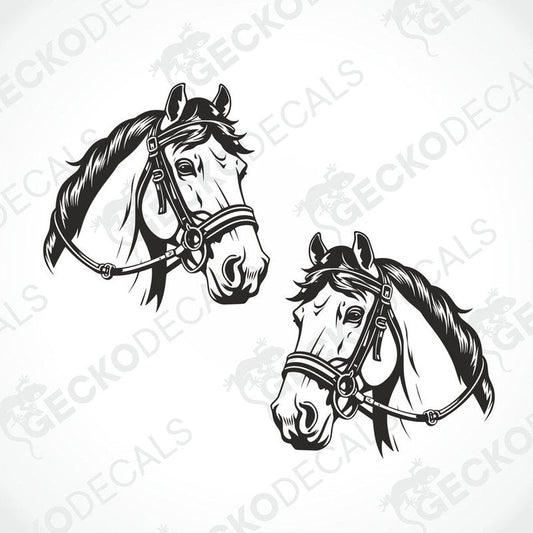 Two black and white decals of horses with Gecko Decals branding on them.