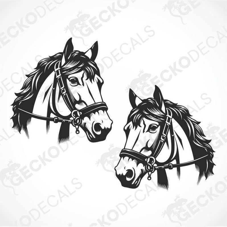Two black and white decals of horses with a Gecko Decals logo on the top.