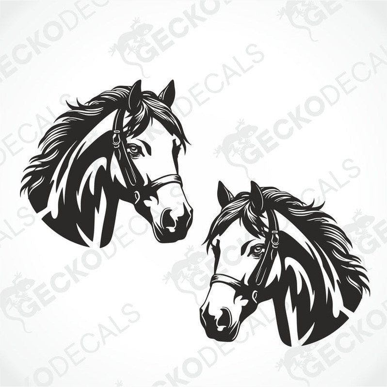 Two black and white decals of horses' heads, displayed against a white background with the text 'geckodecals' and the Gecko brand logo.