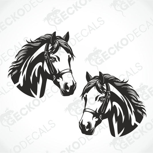 Two black and white decals of horses' heads, displayed against a white background with the text 'geckodecals' and the Gecko brand logo.