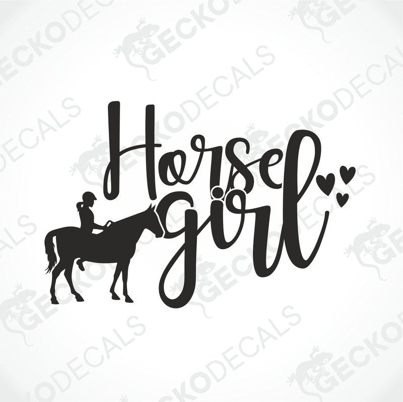 A black die cut decal with the text 'HORSE GIRL' and an illustration of a girl on a horse.