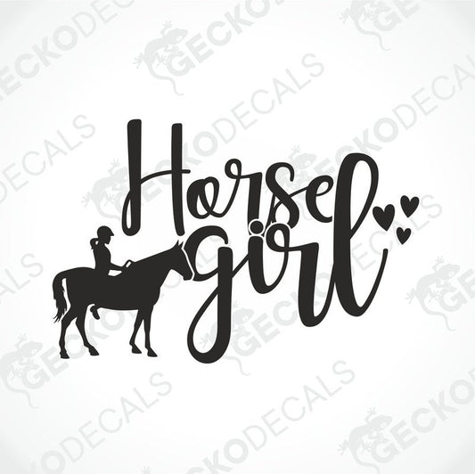 A black die cut decal with the text 'HORSE GIRL' and an illustration of a girl on a horse.