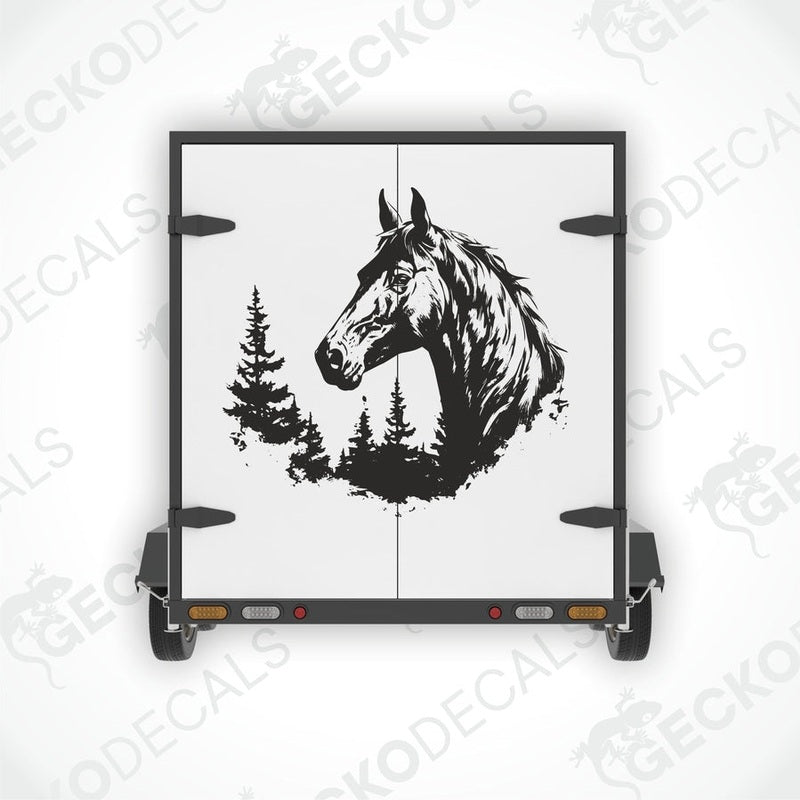 A decal of a horse with a forest background, positioned on a vehicle.