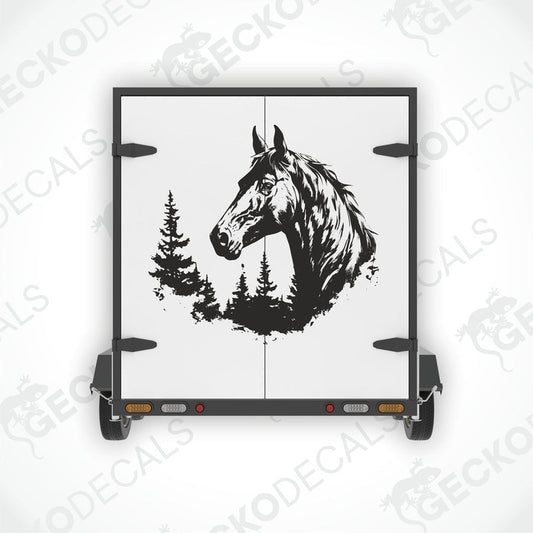 A decal of a horse with a forest background, positioned on a vehicle.