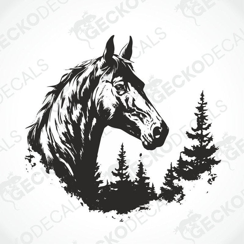 A decal of a horse with a forest background, positioned on a vehicle.