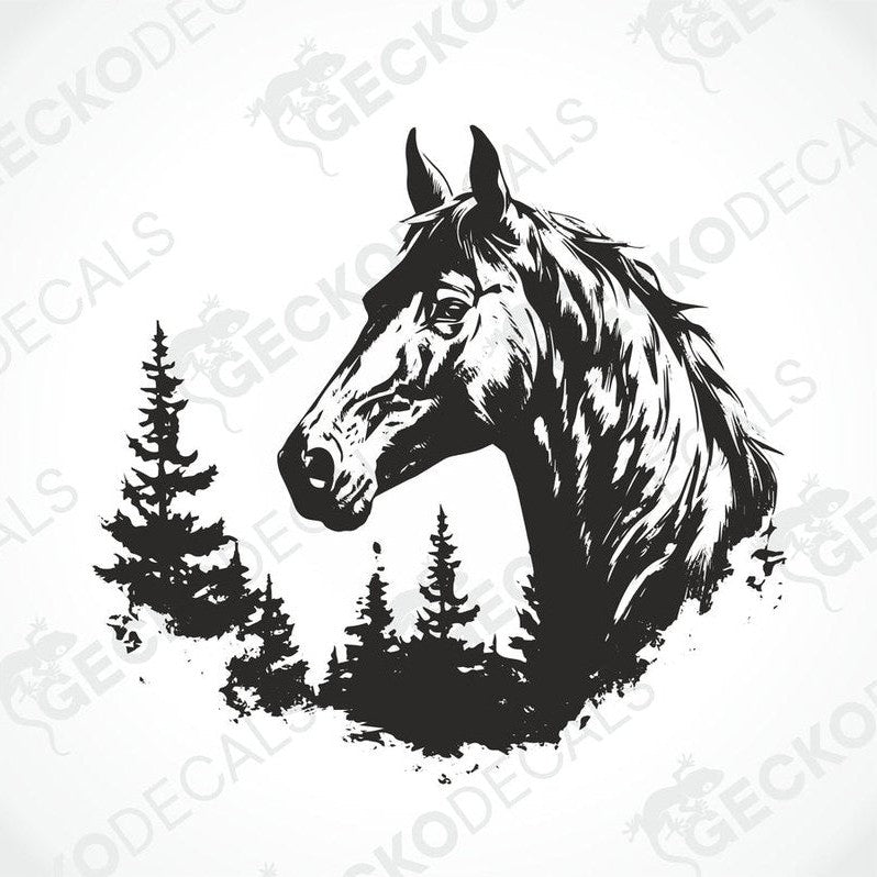 A decal of a horse with a forest background, positioned on a vehicle.